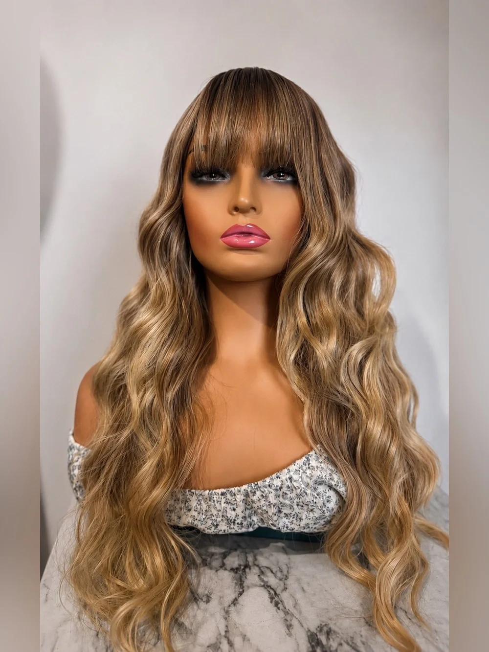 Long Wavy Ombre Wig with Bangs Brown to Honey Blonde Balayage Heat Friendly